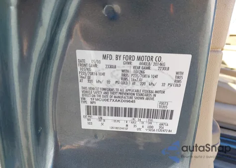 2010 Ford Escape Limited from USA, damaged, VIN 1FMCU0E7XAKD09645